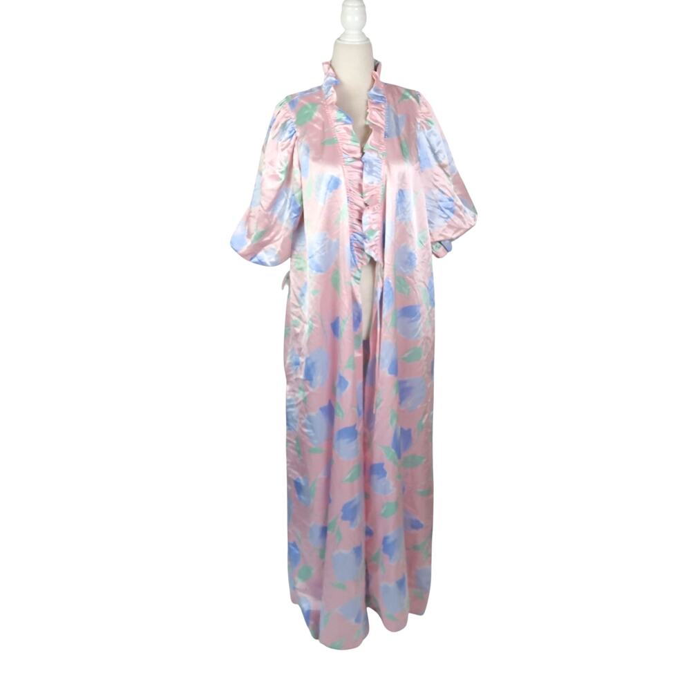 Vintage 90s Barad & Co Pink and Blue Floral Satin Puff Sleeve Robe L